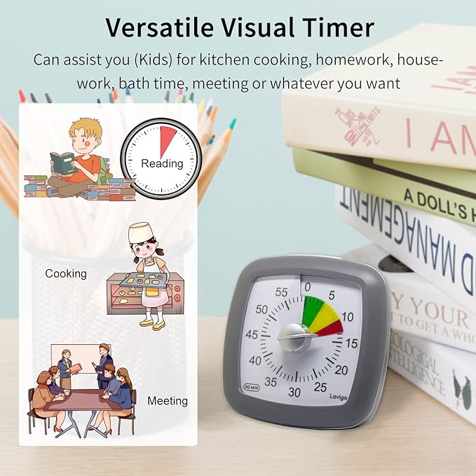 Lavigo 60 Minute Countdown Visual Timer for Adults Kitchen Cooking Kids Study Reading Classroom Teaching and Office, Three Colors Scale Designed, Quietly Count Time Management Tool(Gray)