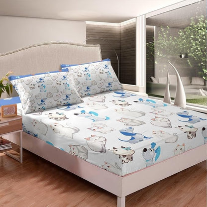 Kawaii Animal Fitted Bottom Sheet Queen Size,Cartoon Cat Puppy Cow Sheet Set Soft Polyester Bedding(No Top Sheet),Watercolor Paw Print Cute Dog Bed Cover(1 Fitted Sheet+2 Pillow Cases)