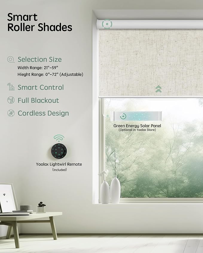 Yoolax Motorized Blinds with Remote, Blackout Smart Blinds Automatic Blinds for Windows, Electric Window Shades Compatible with Alexa Roller Window Shades with Valance (Linen Beige, 27" W x 72" H)