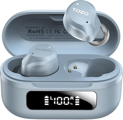 TOZO NC9 Hybrid Active Noise Cancelling Wireless Earbuds, 6 Mics ENC Clear Call, IPX8 Waterproof, in Ear Bluetooth 5.3 Headphones Stereo Bass Ear Buds 60H Playtime with LED Display 32 EQs via APP