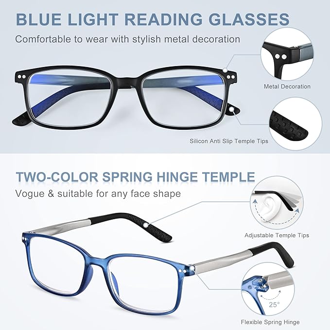EASY READ 2 Pairs Sporty Style Reading Glasses for Men，Rectangular TR90 Blue Light Blocking Readers with Spring Hinge