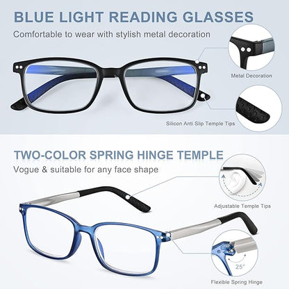EASY READ 2 Pairs Sporty Style Reading Glasses for Men，Rectangular TR90 Blue Light Blocking Readers with Spring Hinge
