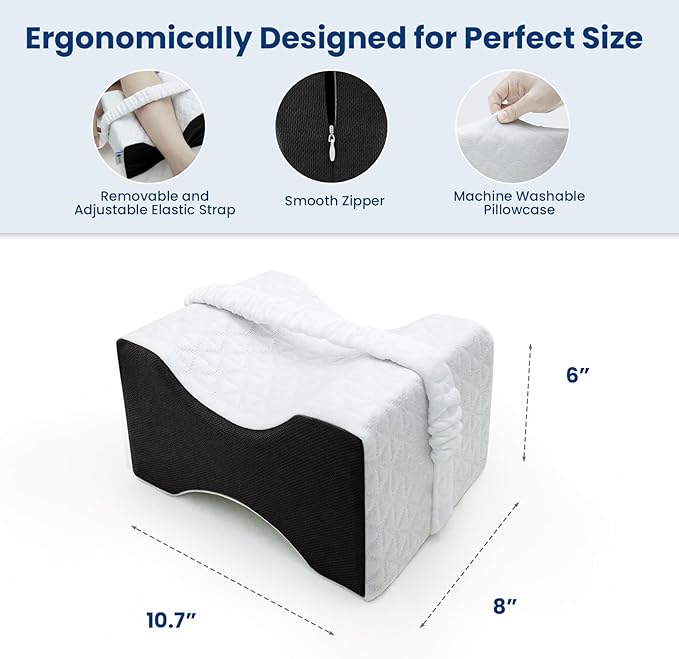 Knee Pillow for Side Sleepers,Leg Pillow,Knne Pillow,Leg Pillows for Side Sleeping,Memory Foam Support Ergonomic Pillows, Removable Cover,White&Black