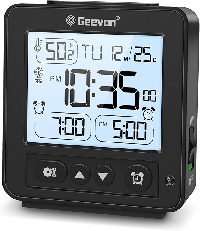 Geevon Small Digital Alarm Clock for Heavy Sleepers, Portable Travel Atomic Clock with Battery Powered, Compact Desk Table Clock with Auto Light Night, Dual Alarms, 8s Backlight for Bedroom, Black