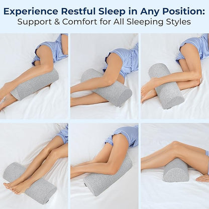 5 STARS UNITED Knee Pillow for Back Sleeping – Memory Foam Cushion for Sciatica Pain Relief – Under Leg Support for Sleeping on Back – Half Moon Bolster for Bed, Gray Cotton Cover