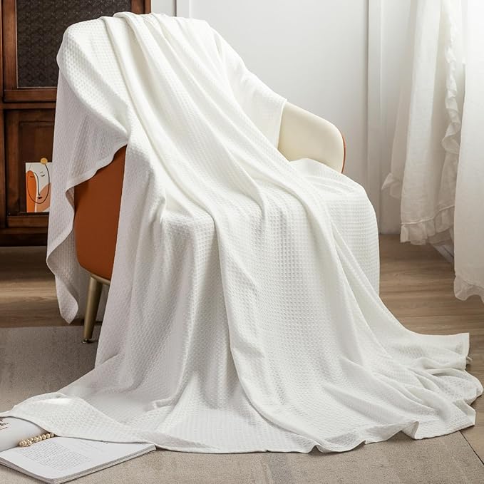AmyHomie Cooling Waffle Blanket King Size, 100% Rayon Derived from Bamboo, Cool Summer Blanket for Hot Sleepers Comfy Lightweight Soft Blankets for All Seasons (White, 108×90in)