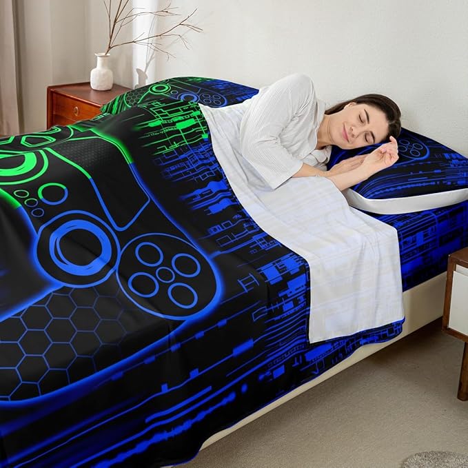 Video Gamepad Kids Sheet Queen Size,Abstract Neon Lights Honeycomb Hexagon Geometric Bedding Set,Boys Girls Room Decor,Gaming Controller Green Blue Bed Sheet Set 4pcs(Fitted + Flat + 2 Pillowcases)