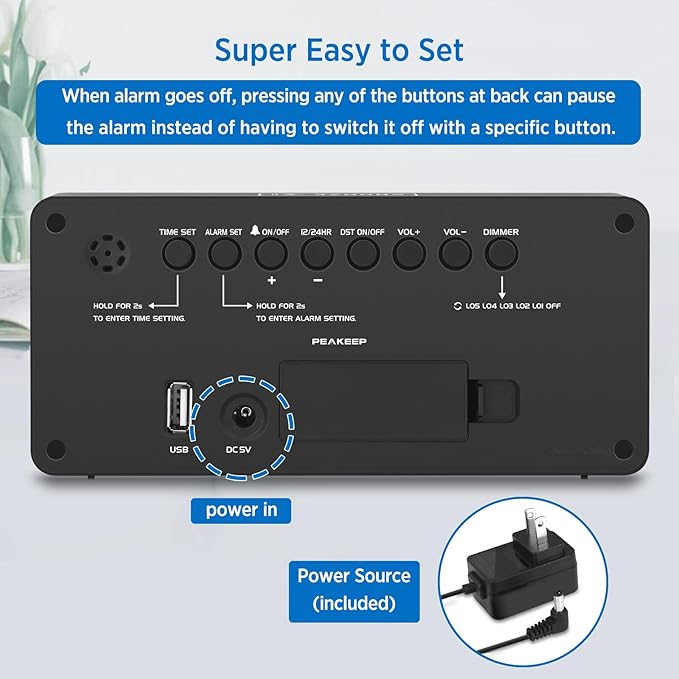 Peakeep Digital Alarm Clock for Bedroom Bedside, Loud Alarm Clock for Heavy Sleepers, Large Big LED Numbers for Seniors, Battery Backup Plug in Electric Clock with USB Charger (Blue)