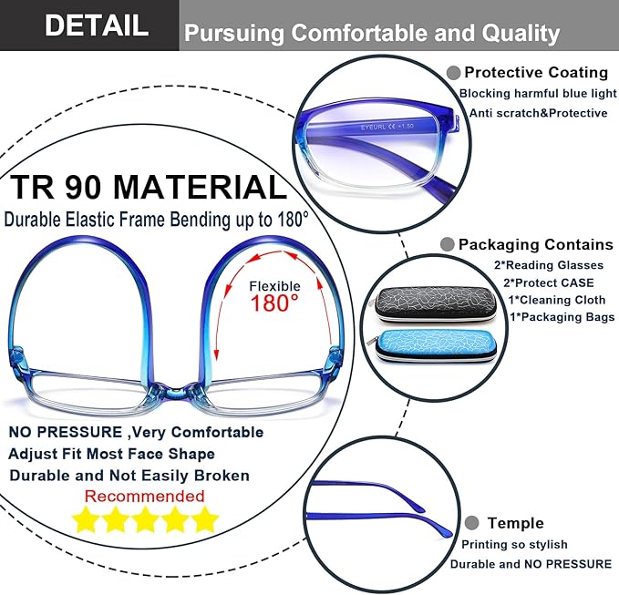 EYEURL 2 Pack Reading Glasses Blue Light Blocking Readers for Women-TR90 Lightweight Computer Reading Glasses Stylish Rectangular Frames Eyeglasses+3.5