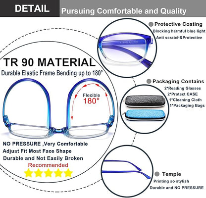 EYEURL 2 Pack Reading Glasses Blue Light Blocking Readers for Women-TR90 Lightweight Computer Reading Glasses Stylish Rectangular Frames Eyeglasses+1.75