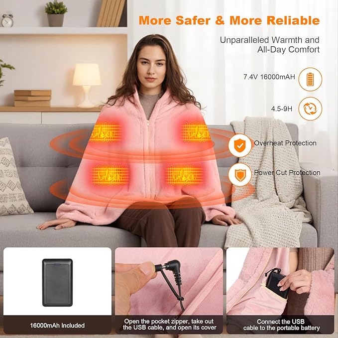 16000mAh Heated Blanket Battery Operated Soft Cordless Heated Blanket Shawl Portable Heated Throw Blanket Poncho Wraps Fast Heating with 3 Heat Levels 6 Heating Zones