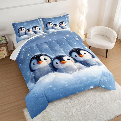 Penguin Comforter Set Full Size,Antarctic Animal Kawaii Penguin Bedding Sets for Kids Boys Girls Room Decor,Cute Winter Snowflake Pattern Bedding Sets with 2 Pillowcases.
