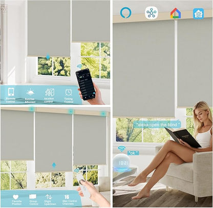 Motorized Blinds with Remote, Smart Blind Roller Shades Compatible with Alexa, Durable Rechargeable Battery Solar Power Electric Window Blinds Motorized Shades Customized Size (Pure Grey)