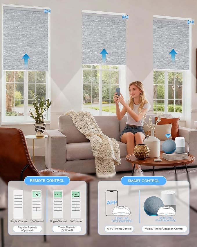Motorized Roller Shade with Remote Control, Blackout Electric Shade for Windows Compatible with Alexa Google via Hub, Rechargeable Smart Window Blind Customized Size (Texture Grey)