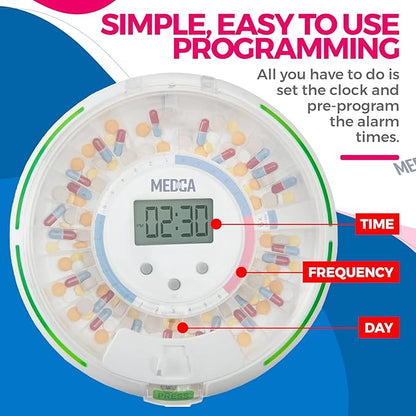 Automatic Pill Dispenser with 28-Day Electronic Medication Organizer - Lockable Key Pill Container with LCD Display, Light and Sound Reminder Alarm for Scheduled Medication for Seniors and Elderly