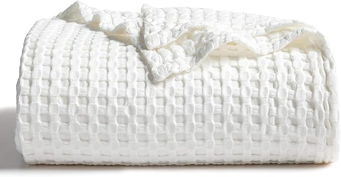 Bedsure Cooling Cotton Waffle Weave Throw Blanket - Lightweight Breathable Blanket of Rayon Derived from Bamboo for Hot Sleepers, Luxury Throws for Bed, Couch and Sofa, Ivory, 50x70 Inches