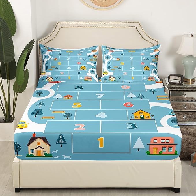 Rertro Blue Farmhouse Fitted Sheet Queen Size,Cartoon House Building City Trees Bedding All-Round Elastic Pocket,Digital Graffiti Boys Teens Bed Sheet 3 Pieces Fits Mattress(No Flat Sheet)