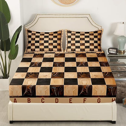 Manfei International Chess Bed Sheet Queen Set,Vintage Sport Game Brown Chess Checkerboard Sheet Sets Adults Bedroom,Geometric Wooden Print Plaids Grids Bedding Set with Flat,Fitted Sheet,2 Pillows
