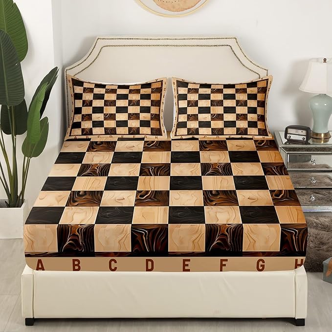 Manfei International Chess Fitted Sheet Set Full Size 4 Pcs,Vintage Sport Game Brown Chess Checkerboard Teens Sheets,Geometric Wooden Print Plaids Grids Bedding Sets (1 Fitted,1 Flat,2 Pillowcases)