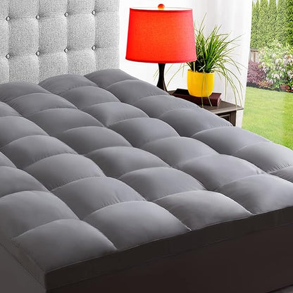 ELEMUSE King Grey Mattress Topper for Back Pain, Extra Thick Mattress Pad Cover, Plush Soft Pillowtop with Elastic Deep Pocket, Overfilled Down Alternative Filling
