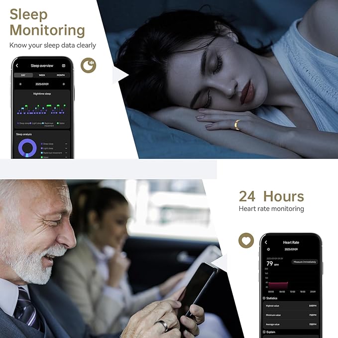 Smart Ring for Women & Men, Fitness Tracker with Heart Rate, Blood Oxygen, Sleep Monitoring, Long-Lasting Battery, IP68 Waterproof, No Subscription Required (Gold, 6#)