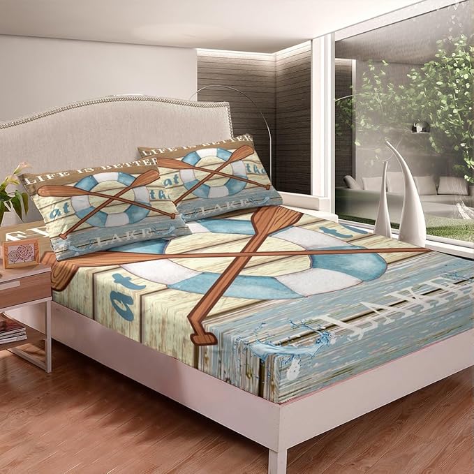 Lake House Fishing Kids Fitted Sheet Full Size,Adventure Camping Boating Nature Bedding Set,Boys Girls Room Decor,Woode Plank Rustic Retro Bed Cover,Blue Beige Bed Sheet,2 Pillowcases(No Top Sheet)