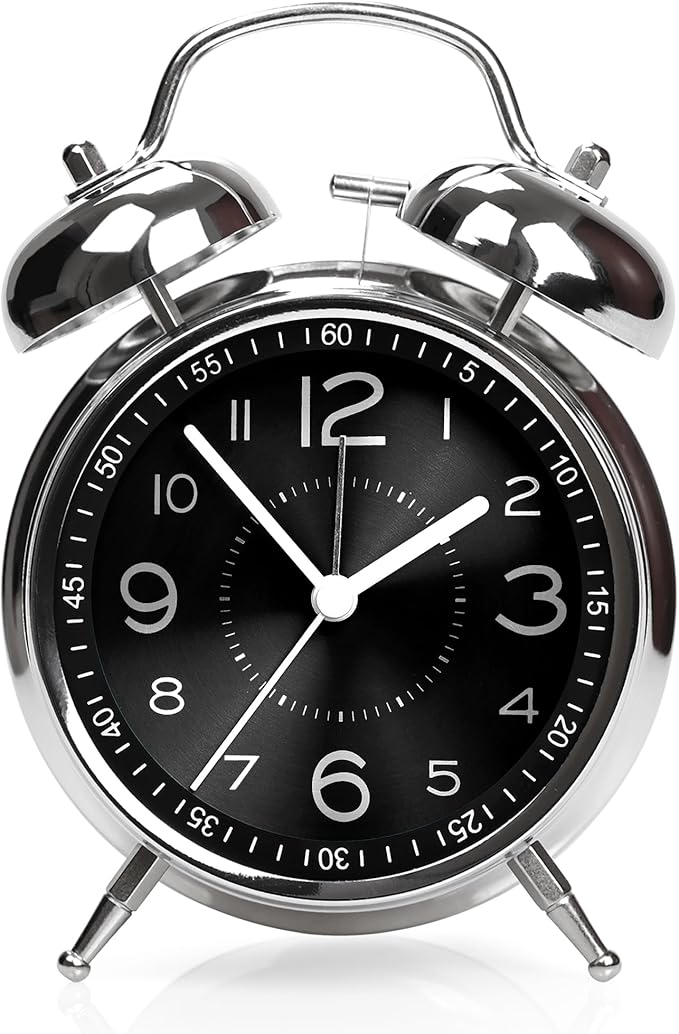 Super Loud Alarm Clock for Heavy Sleepers Adults,Twin Bell Retro 4 Inch Silent Non-Ticking Quartz with Backlight, Metal dial, Alarm Clocks for Bedrooms Bedside (Black)