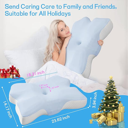 Cervical Neck Pillow for Pain Relief, Ergonomic Neck Support Pillow for Side Sleeper, Contour Memory Foam Pillows with Cooling Pillowcase Orthopedic Bed Pillow for Back Stomach Sleepers, Sky Blue