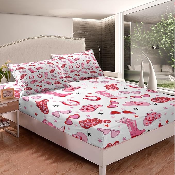 Western Cowgirl Fitted Sheet,Tribal Texas Stars Horseshoe Boots Hats Sheet Set for Adults Ultra Soft Room Gift,Princess Girly Red Pink Starry Bedding Set with 2 Pillowcases,Queen Size