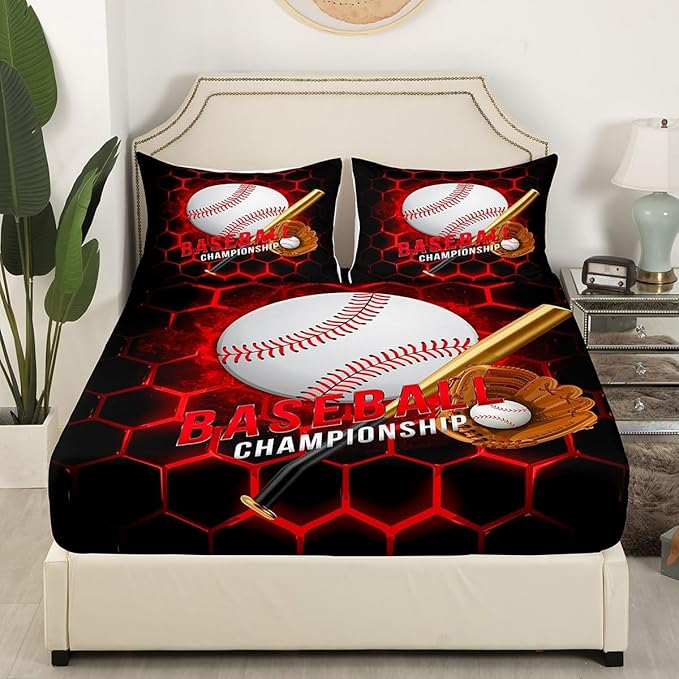 Manfei Baseball Sheet Set King Size, Abstract Geometric Red Honeycomb Bed Sheet Set 4pcs with Deep Pocket Fitted Sheet + Flat Sheet + 2 Pillowcases, Sports Theme Bedding Set for Kids Boys Room Decor