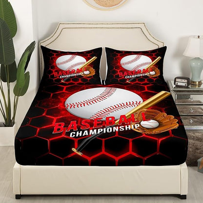 Manfei Baseball Sheet Set King Size, Abstract Geometric Red Honeycomb Bed Sheet Set 4pcs with Deep Pocket Fitted Sheet + Flat Sheet + 2 Pillowcases, Sports Theme Bedding Set for Kids Boys Room Decor