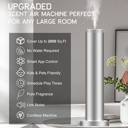 2026 Upgraded Cordless Rechargeable Diffuser - Hotel Scent Diffuser for Whole House- Scent Air Machine -App Bluetooth Control - Waterless Essential Oil Diffuser for Large Room, Studio Office -Silver