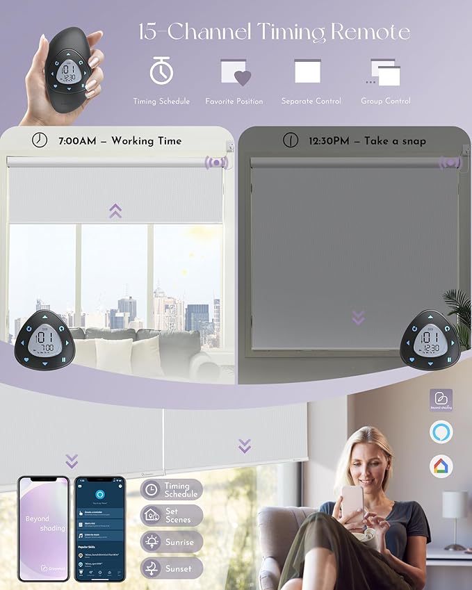 Graywind Motorized Roller Shade 100% Blackout Compatible with Alexa Google Waterproof Vinyl Fabric Remote Control Hardwired Window Shades Window Blinds, Customized Size (White)