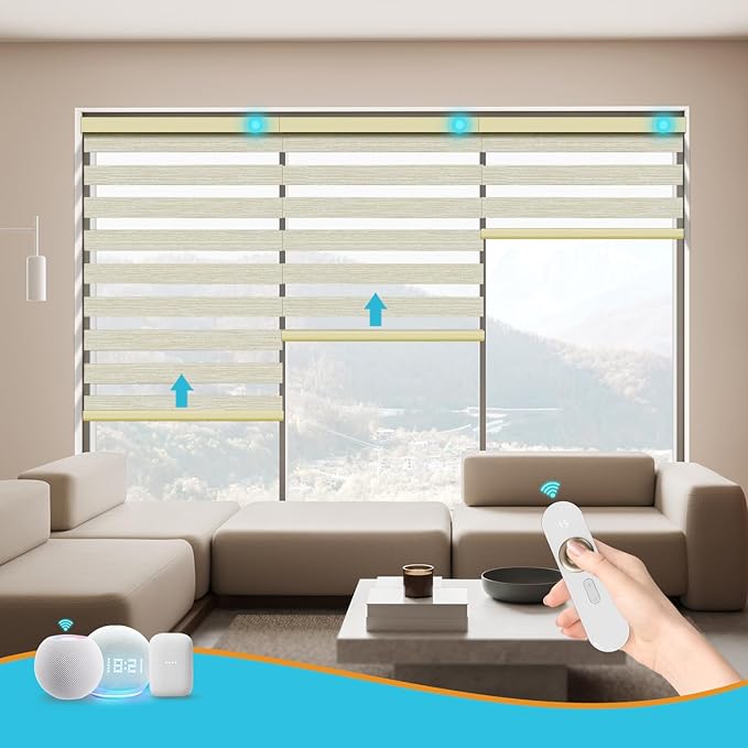 Motorized Zebra Blinds with Remote Smart Blind Work with Homekit Alexa SmartThings Electric Day and Night Shade Cordless Automatic Solar Powered Window Shade Customize(Light Gold)