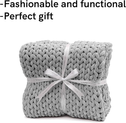 YnM Velvet Weighted Blanket, Handmade Chunky Knitted Design, Soft and Cozy, Temperature Regulating and Breathable, Machine Washable Throw for Sleep or Home Decor (Light Grey, 50x60 Inch, 10lbs)
