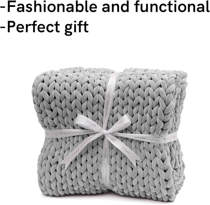 YnM Velvet Weighted Blanket, Handmade Chunky Knitted Design, Soft and Cozy, Temperature Regulating and Breathable, Machine Washable Throw for Sleep or Home Decor (Light Grey, 60x80 Inch, 20lbs)