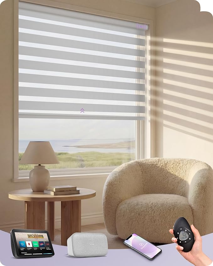 Graywind Motorized Blinds with Remote, Smart Zebra Shades for Windows, Roller Blinds Compatible with Apple Homekit, Alexa, Google Home, Custom Size, Luxury Silver White