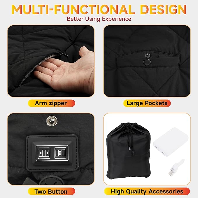 Heated Blanket Outdoors, Battery Operated Heated Throw with 10000mAh Power Bank, 2-in-1 Blanket & Shawl for Camping, Hiking, Stadium Events & Travel, Cordless USB Heated Blanket-Black