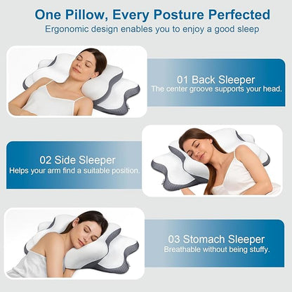 Sleep Apnea Pillow with Neck Pain & Snoring Relief -Orthopedic Cervical Pillow, Ergonomic Contour Memory Foam for Side, Back,Stomach Sleepers, Medium Firm (Light White, Queen Size 25" Lx15 Wx5.8 H)