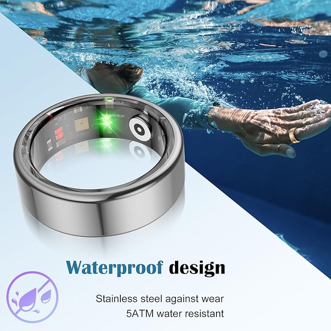 Smart Health Ring for Women Men,Fitness Tracker Smart Ring with Heart Rate,Sleep Monitor,Blood Oxygen,Steps,IP68 Waterproof Up to 5-7 Days Battery Life for iOS Android,No App Fee(Silver,7)