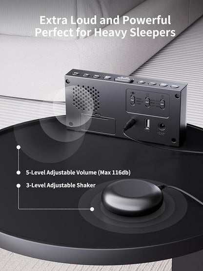 ROCAM Loud Vibrating Alarm Clock with Bed Shaker, Bed Shaker Alarm Clock for Heavy Sleepers/Hearing Impaired/Deaf, Dual Alarm with Weekday/Weekend Mode, Large Display Digital Clock with Dimmer, Snooze