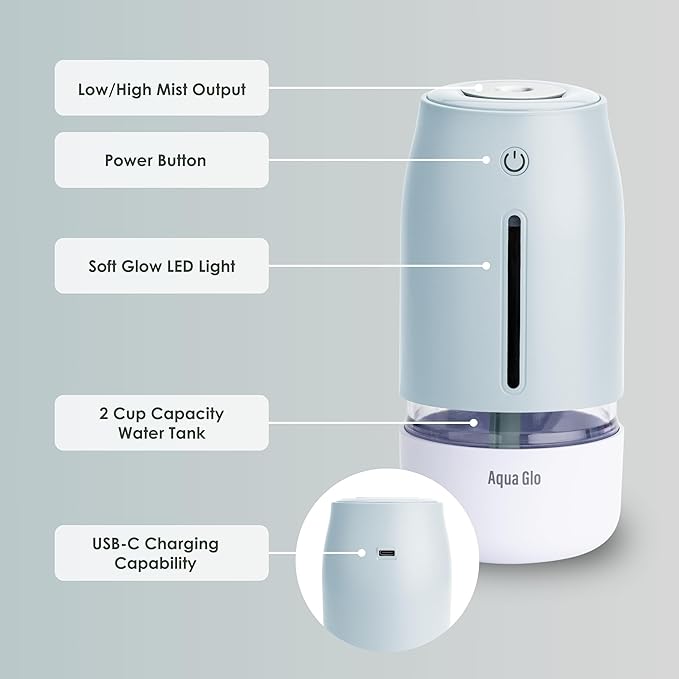 Aqua Glo Personal Humidifier – Ultrasonic Cool Mist, Rechargeable Battery for 15 Hours Use, 2-Cup Water Tank, Quiet Operation. Ideal for Travel, Office, Bedroom, Plants, and Home. Blue Mist