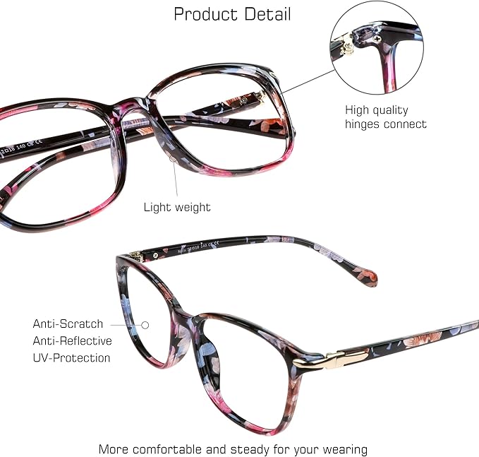 VisionGlobal 2 Pack Blue Light Blocking Glasses for Women/Men, Anti Eyestrain, Computer Reading, TV Glasses, Stylish Square Frame, Anti Glare (Pink+Floral)