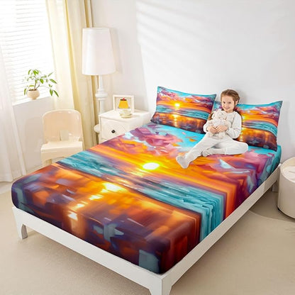 Beach Kids Twin Size Fitted Sheet,Sunset Hawaii Ocean Summer Boys Girls Bed Sheets,Abstract Seashore Coastal Room Decor,Orange Blue Bedding Set,1 Pillowcase(No Flat)