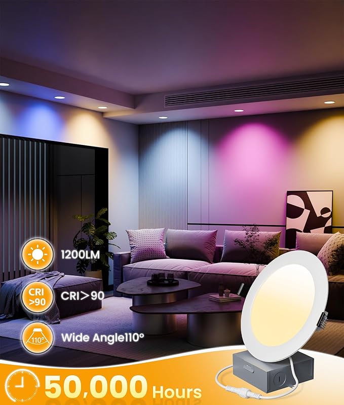 Recessed Lighting 6 Inch with App & Voice Control, 1200LM RGBCW Smart Ceiling Light Work with Alexa & Google, Dimmable LED Recessed Lighting 6 Inch with Timer Music Sync Can Lights, 6 Pack