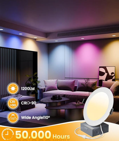Recessed Lighting 6 Inch with App & Voice Control, 1200LM RGBCW Smart Ceiling Light Work with Alexa & Google, Dimmable LED Recessed Lighting 6 Inch with Timer Music Sync Can Lights, 6 Pack