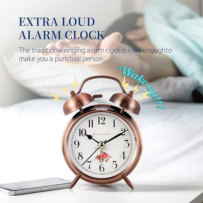 Super Loud Alarm Clock For heavy sleepers,4 inches Twin Bell Alarm Clock with Backlight,Battery Operated,Silent Non Ticking,For Kids,Adults,Bedrooms,Retro decor Desk Analog Clocks. (Copper Red)