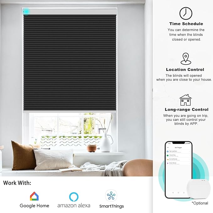 Changshade Automatic Blackout Blinds Motorized Cellular Shades with Remote Control Custom Size, Honeycomb Electric Smart Blinds for Indoor Windows Work with Alexa, Google Home, Light Blocking, Black