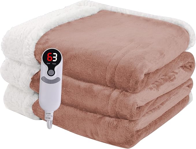 Heated Blanket Electric Throw Size 50''x60'' with 9 Heating Levels, 1-10 Hour Auto Shut Off, Machine Washable, Flannel & Sherpa Double-Sided Soft Warming Blanket for Couch, Bed, Office - Cozy Pink