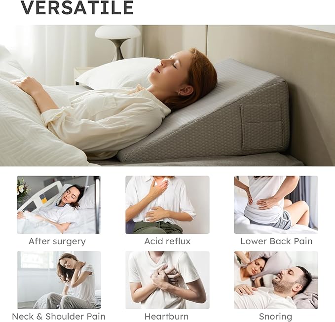 Bedluxe Wedge Pillow,10 inch Bed Wedge Pillow for Headboard, Pillow Wedge for Acid Reflux Relief, Sleeping, After Surgery, Snoring, Gerd, Triangle Pillow Wedge - Cooling Memory Foam Top, Grey